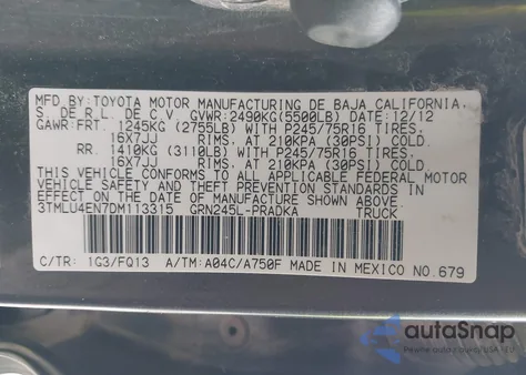 2013 Toyota Tacoma Base V6 из США, поврежденный, VIN 3TMLU4EN7DM113315